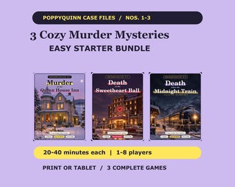 Può includere: Un pacchetto iniziale Poppyquinn Case Files con tre giochi di mistero: Murder at the Quinn House Inn, Death at the Sweetheart Ball e Death Takes the Midnight Train. Ogni gioco è per 1-8 giocatori, 20-40 minuti, da stampare o su tablet.