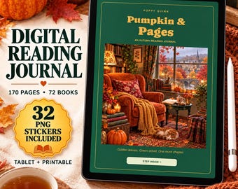 Può includere: Un diario di lettura digitale visualizzato su uno schermo di tablet con il titolo Pumpkin & Pages, che mostra un'illustrazione di una poltrona arancione, zucche e fogliame autunnale. Il testo include 170 pagine, 72 libri e 32 adesivi PNG.