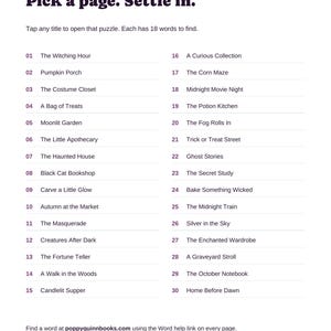 Actual PDF clickable index with 30 Halloween word-search titles, from The Witching Hour to After Midnight.