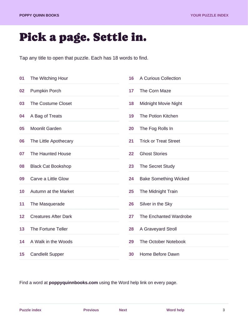 Actual PDF clickable index with 30 Halloween word-search titles, from The Witching Hour to After Midnight.