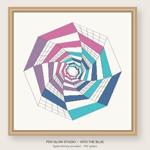 Into the Blue Cross Stitch & Blackwork Pattern PDF, Geometric Spiral Tunnel, Optical Illusion Embroidery