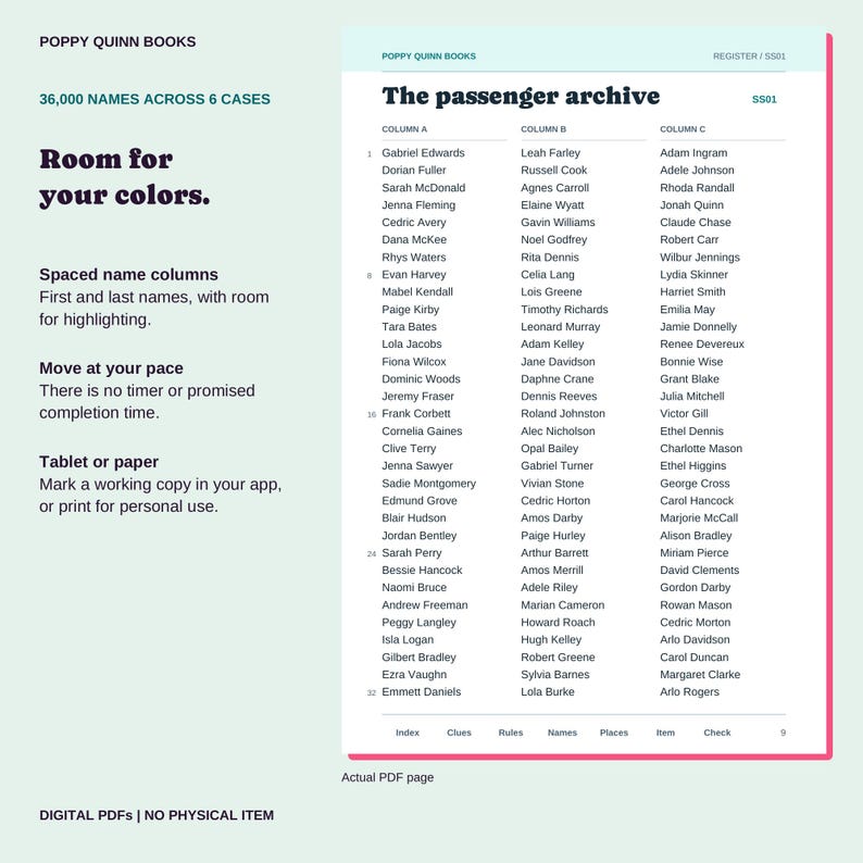 Actual register page with three spaced columns of full names, designed for highlighting in a PDF annotation app or on paper.