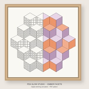 Ember Facets Lila en Oranje Kruissteek- en Zwartwerkpatroon PDF, Geometrische Kubus Sampler