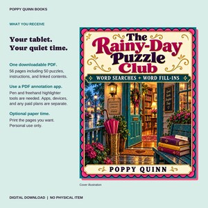 May include: A digital download product titled The Rainy-Day Puzzle Club featuring word searches and word fill-ins. The cover illustration shows a cozy library entrance with a teal door, pink umbrella, and stacked books on a wooden bench at dusk.
