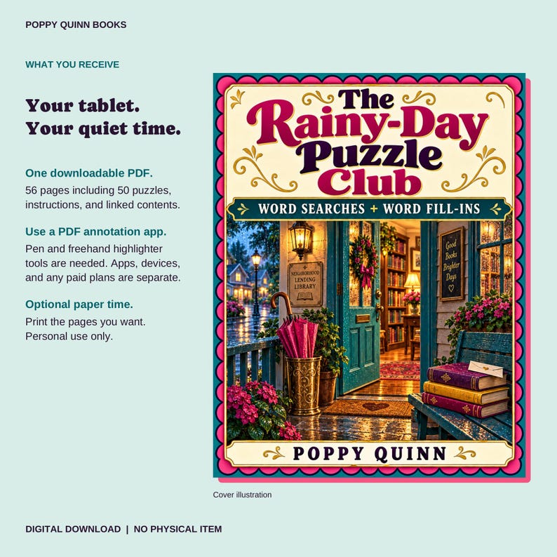 May include: A digital download product titled The Rainy-Day Puzzle Club featuring word searches and word fill-ins. The cover illustration shows a cozy library entrance with a teal door, pink umbrella, and stacked books on a wooden bench at dusk.