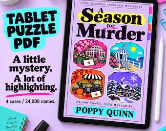 May include: A digital tablet displaying a puzzle book titled A Season for Murder by Poppy Quinn. The cover features four seasonal illustrations including a spring garden, a summer beach, an autumn market, and a winter cabin, with 24,000 names listed.
