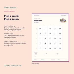 May include: A digital PDF page titled Paintbox featuring a 5x5 grid of letters, with instructions to pick a word and color. The text includes Poppy Quinn Books, Color It Your Way, and a list of words like Blue, Green, Red, Dab, Hue, Gold, and Mix.