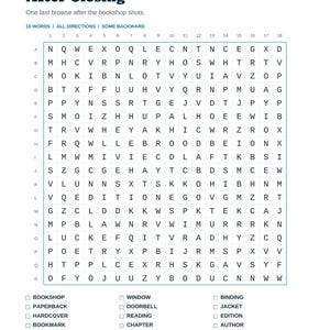 Actual PDF puzzle page: After Closing. An 18 by 18 letter grid, 18 bookshop words with checkboxes, and page navigation.
