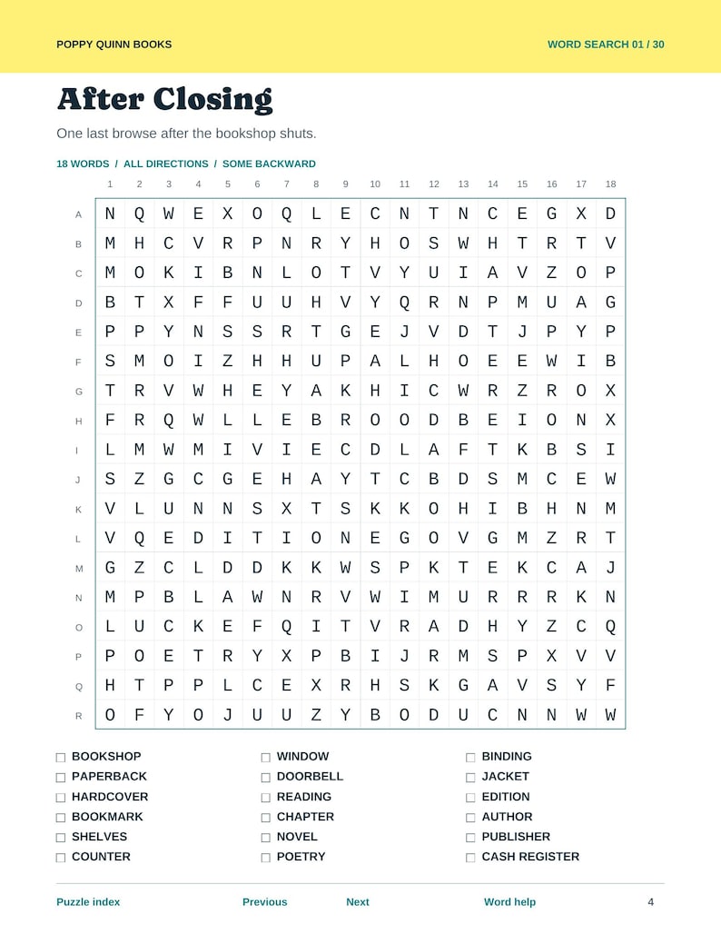 Actual PDF puzzle page: After Closing. An 18 by 18 letter grid, 18 bookshop words with checkboxes, and page navigation.