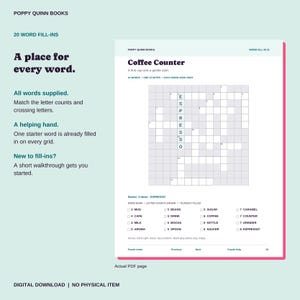 May include: A digital word fill-in puzzle page titled Coffee Counter by Poppy Quinn Books. The page features a grid with the word ESPRESSO pre-filled, a word bank with terms like MUG, CAFE, and CARAMEL, and instructions for matching letter counts.