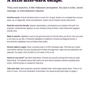 Actual PDF instructions explaining word-search rules, tablet highlighting, printing, and online help.