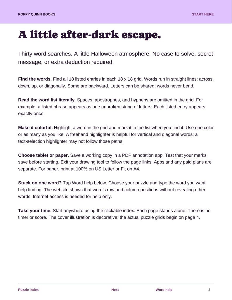Actual PDF instructions explaining word-search rules, tablet highlighting, printing, and online help.