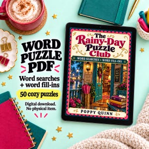 May include: A digital tablet displays the book cover for The Rainy-Day Puzzle Club by Poppy Quinn, featuring a cozy library entrance. Text on the screen reads Word Puzzle PDF, Word searches + word fill-ins, 50 cozy puzzles, and Digital download.