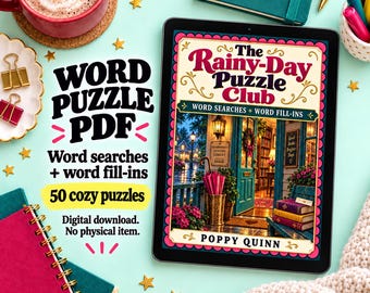 Può includere: Un tablet digitale mostra la copertina del libro The Rainy-Day Puzzle Club di Poppy Quinn, con un accogliente ingresso di una biblioteca. Il testo sullo schermo recita Word Puzzle PDF, Word searches + word fill-ins, 50 cozy puzzles e Digital download.