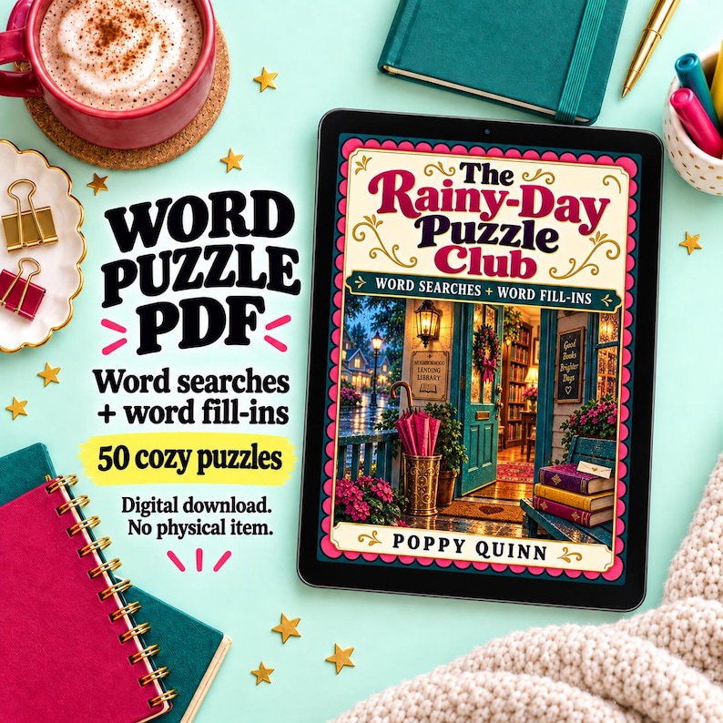 May include: A digital tablet displays the book cover for The Rainy-Day Puzzle Club by Poppy Quinn, featuring a cozy library entrance. Text on the screen reads Word Puzzle PDF, Word searches + word fill-ins, 50 cozy puzzles, and Digital download.