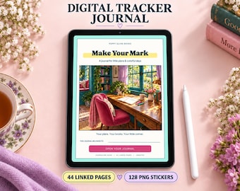 Può includere: Un tablet digitale che mostra un'interfaccia di diario intitolata Make Your Mark con una colorata illustrazione di uno studio accogliente. Lo schermo include testo come A journal for little plans & colorful days, Your plans. Your books. Your little corner, e un pulsante etichettato OPEN YOUR JOURNAL. Il tablet presenta 44 pagine collegate e 128 adesivi PNG.