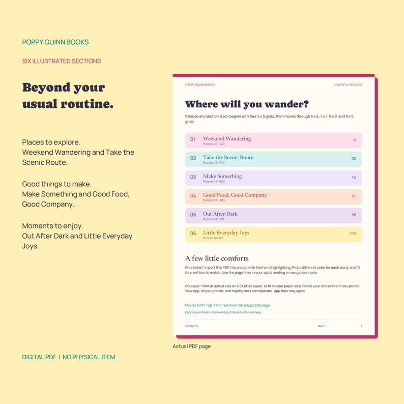 May include: A digital PDF page from Poppy Quinn Books titled Where will you wander? featuring six illustrated sections with colored bars for Weekend Wandering, Take the Scenic Route, Make Something, Good Food, Good Company, Out After Dark, and Little Everyday Joys.