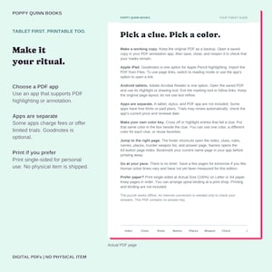 May include: A digital instructional guide for a PDF puzzle game titled Poppy Quinn Books. The document features black text on a white background, providing instructions for tablet annotation, app usage, printing, and navigation via footer shortcuts.