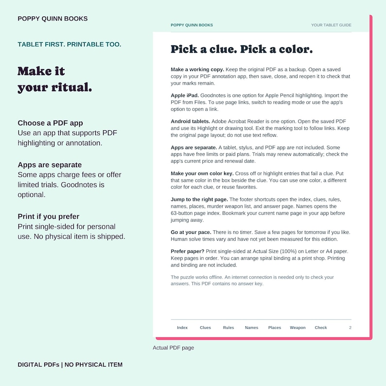 May include: A digital instructional guide for a PDF puzzle game titled Poppy Quinn Books. The document features black text on a white background, providing instructions for tablet annotation, app usage, printing, and navigation via footer shortcuts.