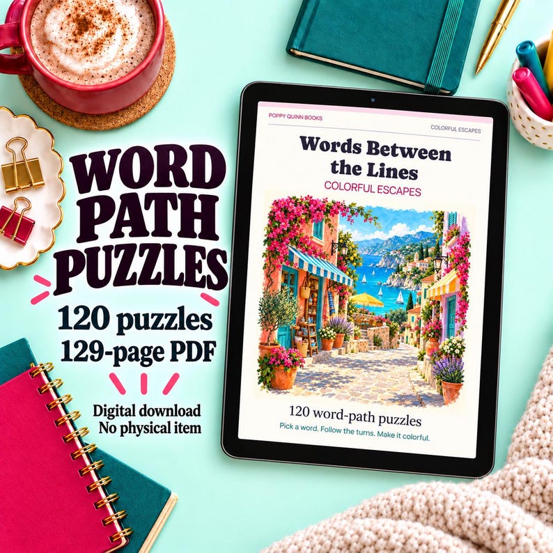 May include: A tablet displaying a digital book titled Words Between the Lines Colorful Escapes, featuring a coastal town illustration. The screen text includes 120 word-path puzzles and 129-page PDF. The surrounding area includes notebooks, pens, and a mug.
