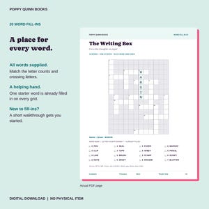May include: A digital page from Poppy Quinn Books titled The Writing Box, featuring a word fill-in puzzle grid with the starter word MARGIN filled in vertically. Below the grid is a word bank listing words like PEN, CLIP, LINE, NOTE, SEAL, TAPE, BRUSH, DRAFT, PAPER, SHEET, STAMP, ERASER, MARGIN, PENCIL, SCRIPT, and BLOTTER.