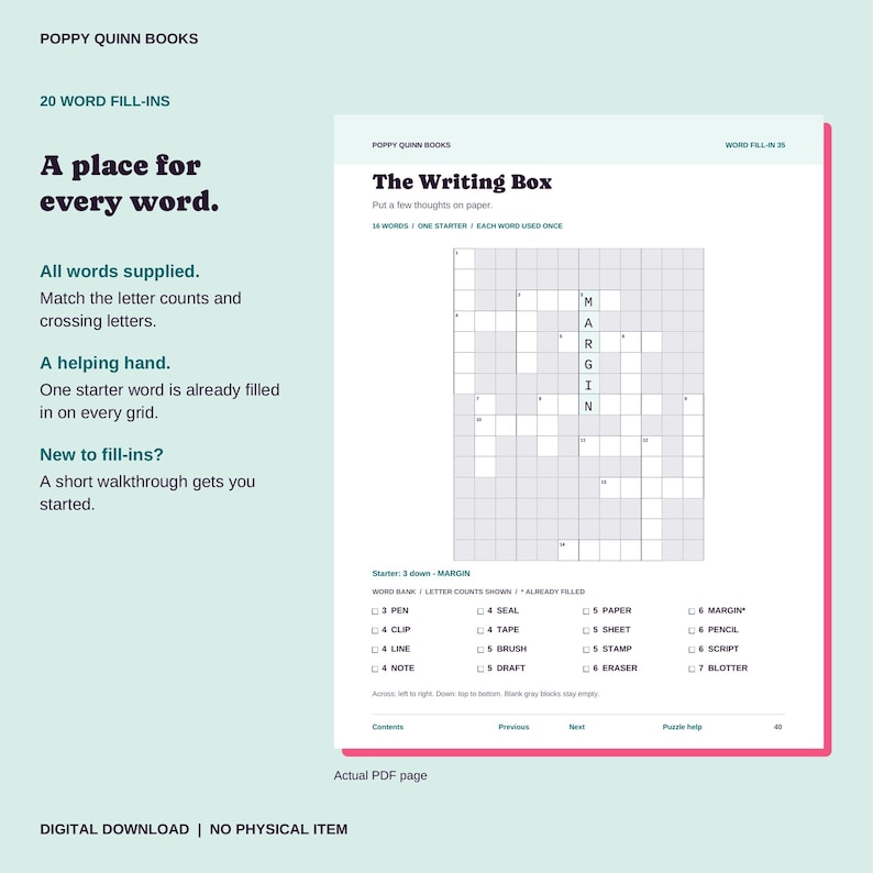 May include: A digital page from Poppy Quinn Books titled The Writing Box, featuring a word fill-in puzzle grid with the starter word MARGIN filled in vertically. Below the grid is a word bank listing words like PEN, CLIP, LINE, NOTE, SEAL, TAPE, BRUSH, DRAFT, PAPER, SHEET, STAMP, ERASER, MARGIN, PENCIL, SCRIPT, and BLOTTER.