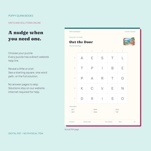 May include: A digital PDF page from Poppy Quinn Books titled Out the Door, featuring a 5x5 letter grid puzzle, a small scenic illustration, and a list of words to find including Belt, Seat, Drive, Song, Pack, and Trip. The page includes instructions for online hints and solutions.