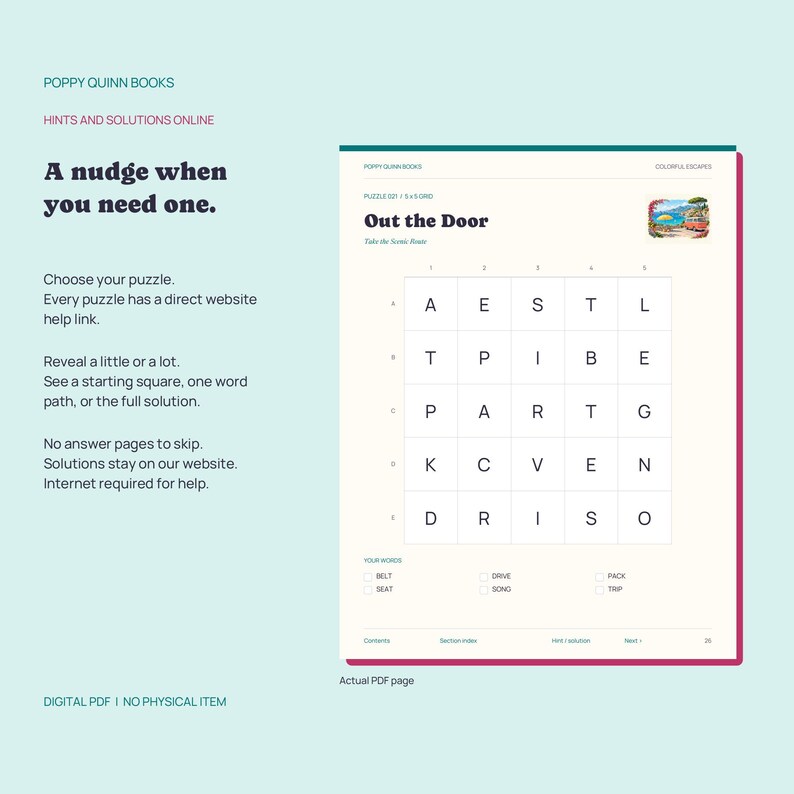 May include: A digital PDF page from Poppy Quinn Books titled Out the Door, featuring a 5x5 letter grid puzzle, a small scenic illustration, and a list of words to find including Belt, Seat, Drive, Song, Pack, and Trip. The page includes instructions for online hints and solutions.