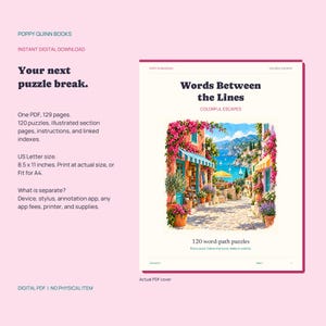 May include: A digital PDF puzzle book titled Words Between the Lines by Poppy Quinn Books. The cover features a colorful Mediterranean coastal scene with flowers, buildings, and a sea view. It contains 120 word-path puzzles in 8.5 x 11 inches.
