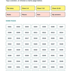 Actual clickable PDF index with buttons for story, clues, rules, places, item, answers, and all 63 name pages.
