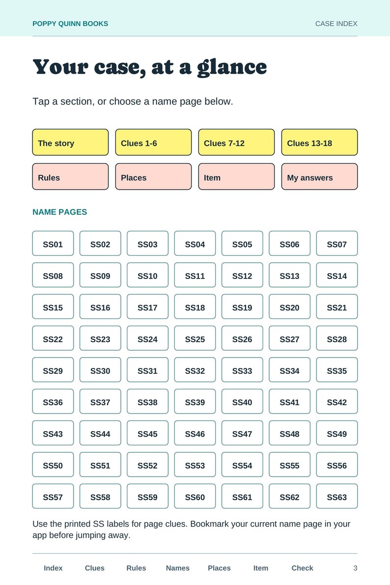 Actual clickable PDF index with buttons for story, clues, rules, places, item, answers, and all 63 name pages.