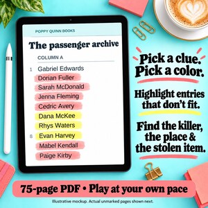 Illustrative tablet close-up showing names marked with coral and yellow highlighters. Find the killer, place, and stolen item. Actual unmarked PDF pages follow.