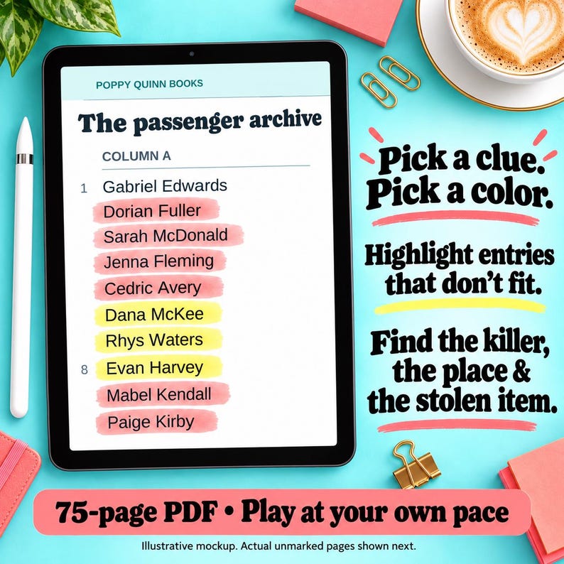 Illustrative tablet close-up showing names marked with coral and yellow highlighters. Find the killer, place, and stolen item. Actual unmarked PDF pages follow.