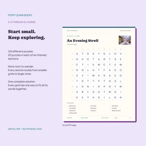 May include: A digital PDF page from Poppy Quinn Books featuring a 9x9 word search puzzle titled An Evening Stroll. The page includes a grid of letters, a list of words to find, and a small image of a snowy village. Text includes Start small. Keep exploring.