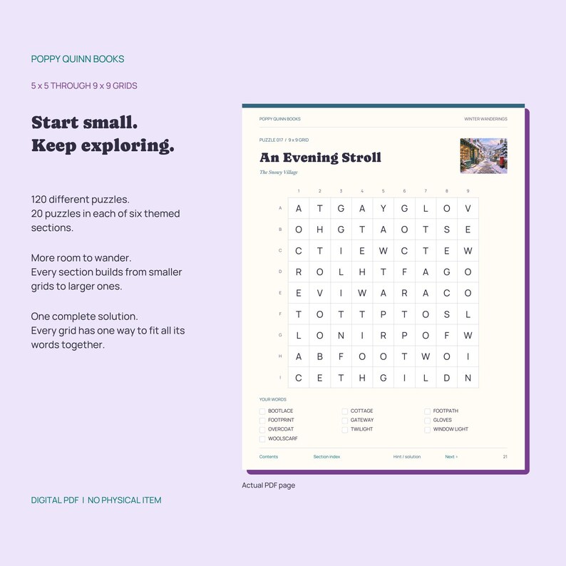 May include: A digital PDF page from Poppy Quinn Books featuring a 9x9 word search puzzle titled An Evening Stroll. The page includes a grid of letters, a list of words to find, and a small image of a snowy village. Text includes Start small. Keep exploring.