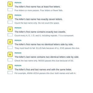 Actual PDF page showing the first six person clues, explanatory help, and a color-key box beside each clue.