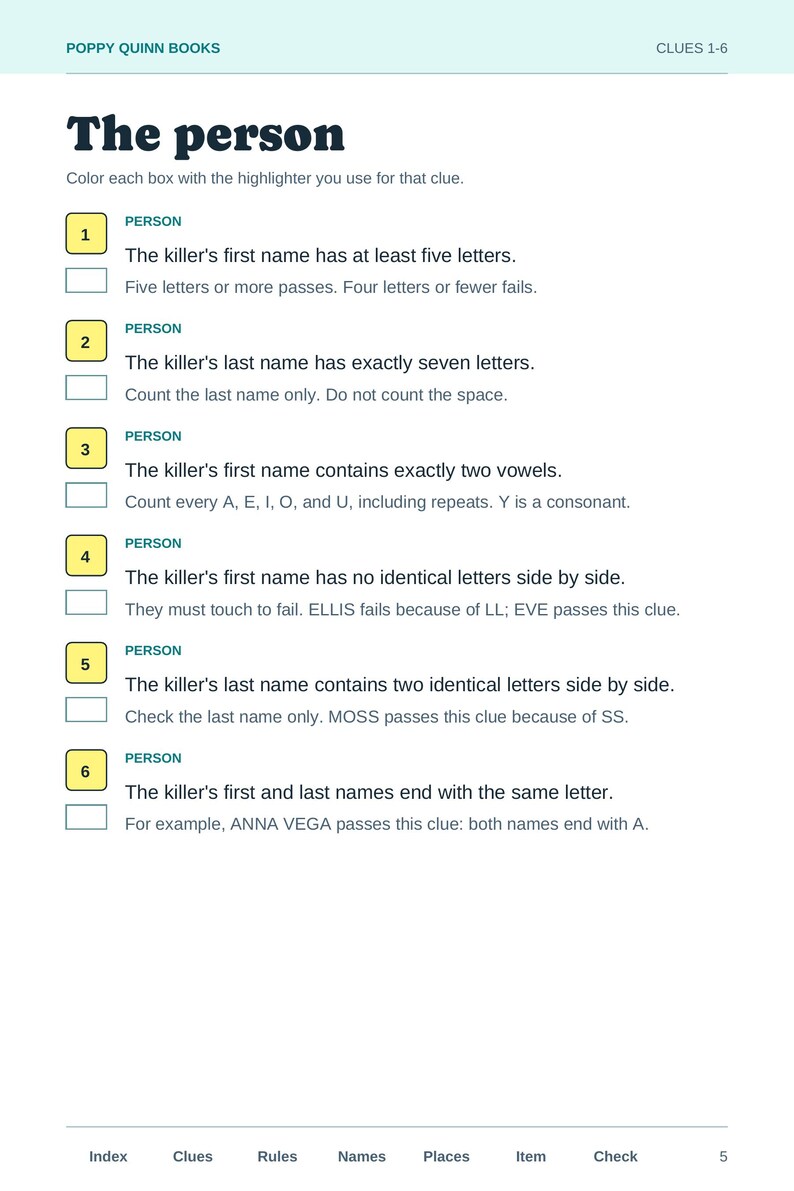 Actual PDF page showing the first six person clues, explanatory help, and a color-key box beside each clue.