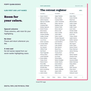 May include: A digital PDF page titled The retreat register from Poppy Quinn Books. The document features three columns of first and last names, with text describing 6,000 names, spaced columns for highlighting, no timer, and a new cast of names.