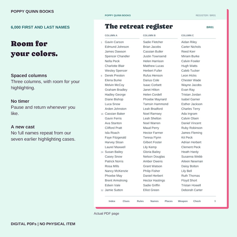 May include: A digital PDF page titled The retreat register from Poppy Quinn Books. The document features three columns of first and last names, with text describing 6,000 names, spaced columns for highlighting, no timer, and a new cast of names.