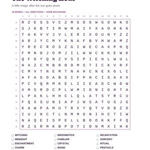 Actual PDF page: The Witching Hour word search with an 18 by 18 letter grid, 18 listed words, and navigation links.