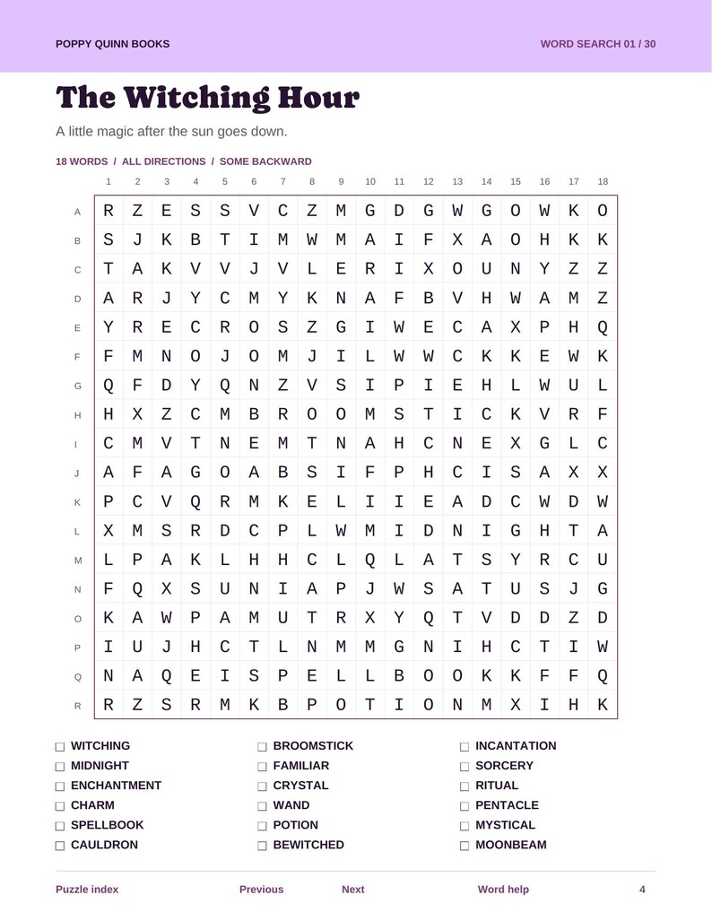 Actual PDF page: The Witching Hour word search with an 18 by 18 letter grid, 18 listed words, and navigation links.