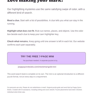 Actual PDF closing page introducing an optional free highlighting mystery mini from Poppy Quinn Books.