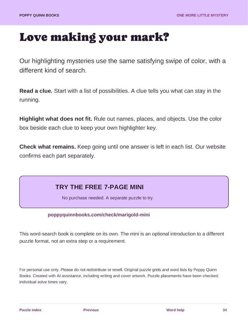 Actual PDF closing page introducing an optional free highlighting mystery mini from Poppy Quinn Books.