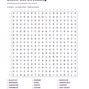 Actual PDF page: Black Cat Bookshop word search, with its letter grid and list of bookish Halloween words.