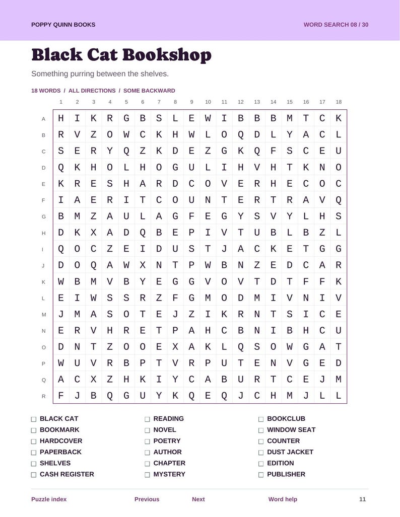 Actual PDF page: Black Cat Bookshop word search, with its letter grid and list of bookish Halloween words.