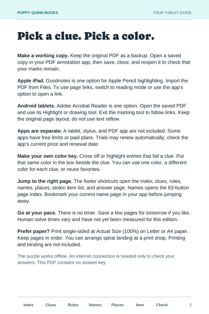 Actual PDF setup guide covering iPad and Android annotation apps, possible app fees or trials, color highlighting, navigation, and optional printing.