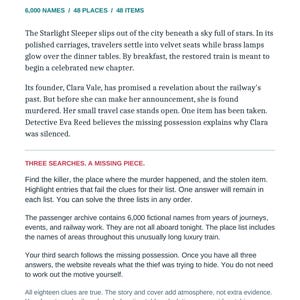 Actual story page from the PDF: Clara Vale is murdered aboard the Starlight Sleeper and an item is missing from her travel case.