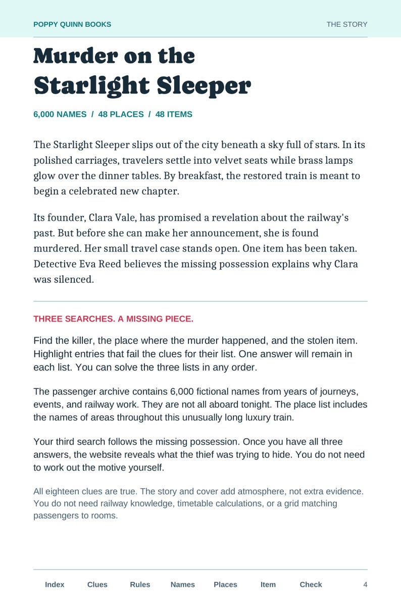 Actual story page from the PDF: Clara Vale is murdered aboard the Starlight Sleeper and an item is missing from her travel case.