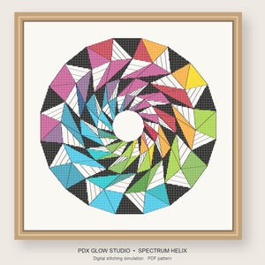 Spectrum Helix Cross Stitch and Blackwork Pattern PDF, Rainbow Spiral with Black Facets, Geometric Embroidery
