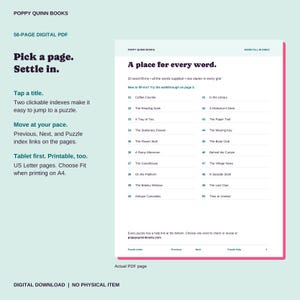 May include: A 56-page digital PDF puzzle book by Poppy Quinn Books featuring a word fill-in index page. The document includes clickable links, navigation buttons, and instructions for US Letter printing. The page lists titles like Coffee Counter.